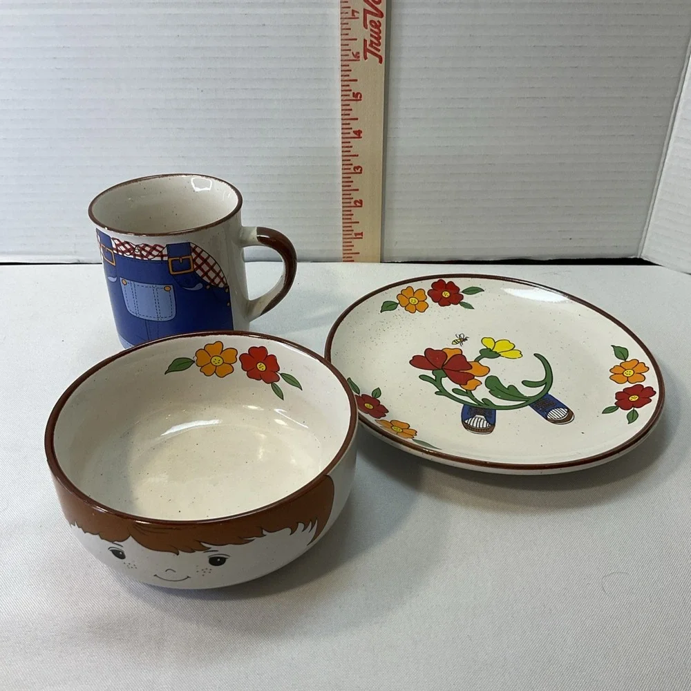 Vintage Childrens Interpur 3‎ pc Stackable Dish Set Cup Bowl Plate Farmer Boy